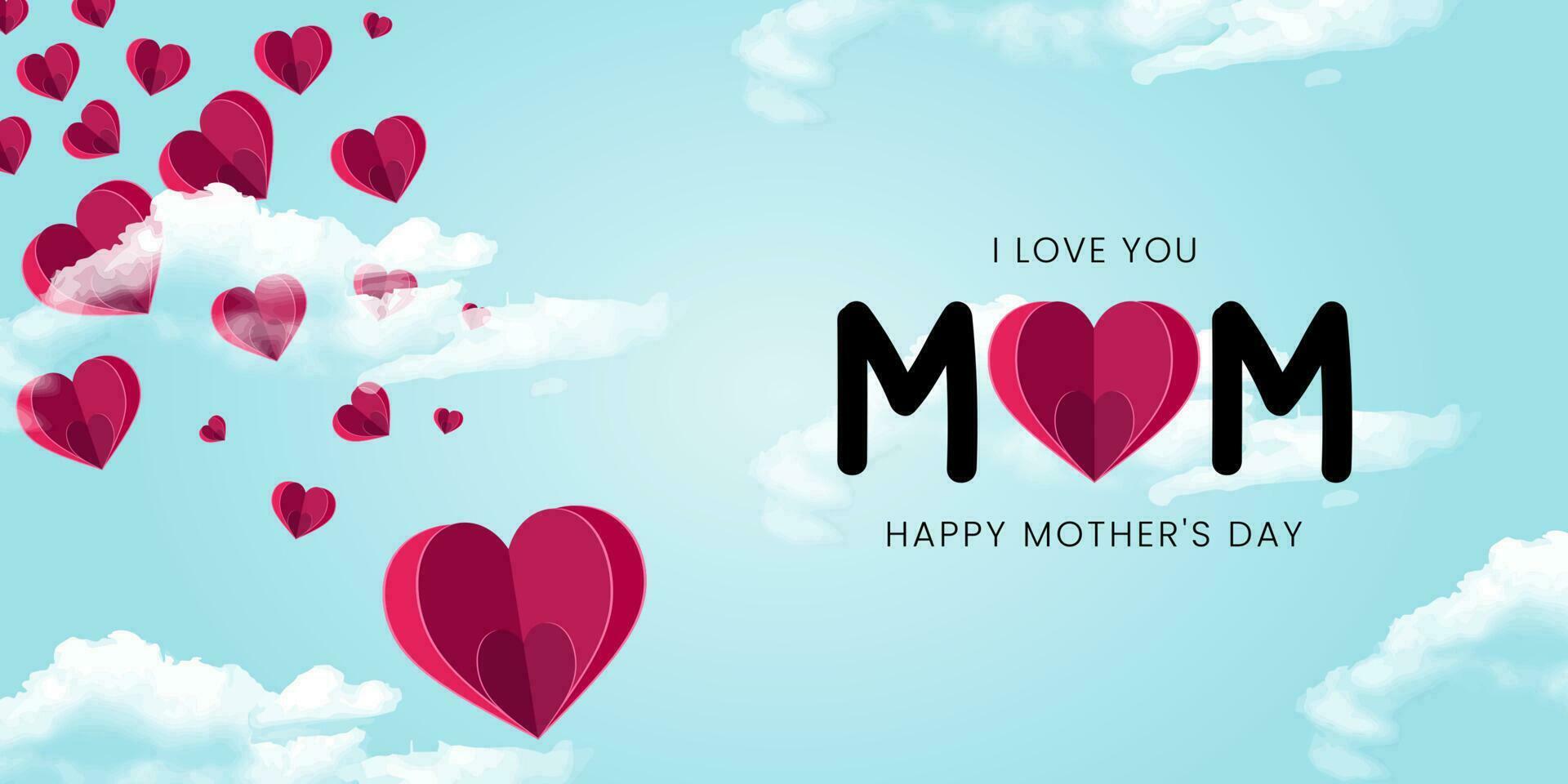 Mother postcard with paper flying elements, mom and realistic clouds on blue sky background. Vector symbols of love in shape of heart for Happy Mother's Day greeting card design