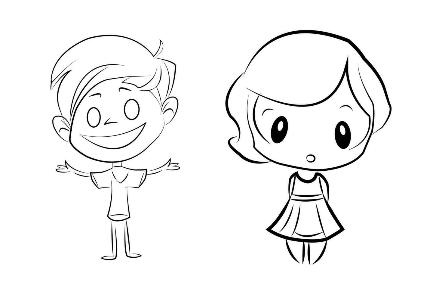 black and white cartoon illustration of cute little boy and girl character vector