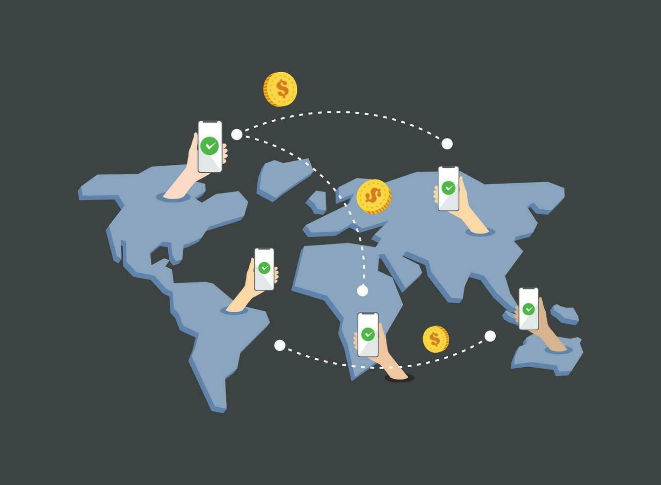 Fast money transfers around the world. Vector flat illustration. Worldwide transfer of Bank funds. Cash transactions.