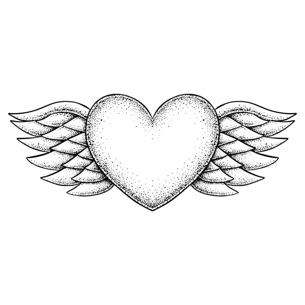 Heart with Wings Hand Drawn Colored in Black and White vector
