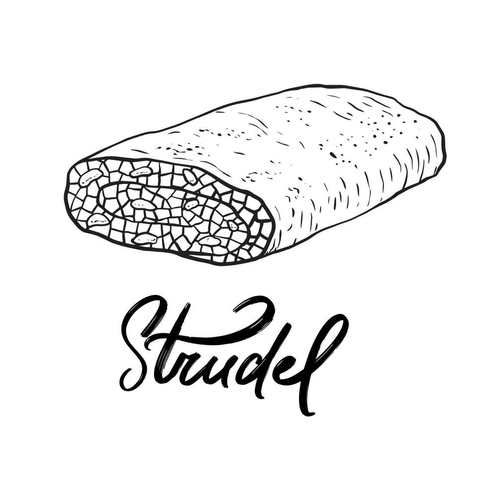 Hand drawn Viennese strudel isolated on white background. Black and white outline baking illustration vector