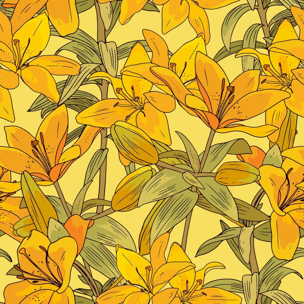 Vintage pattern with orange lily. Tropical floral print with flowers, buds and leaves vector