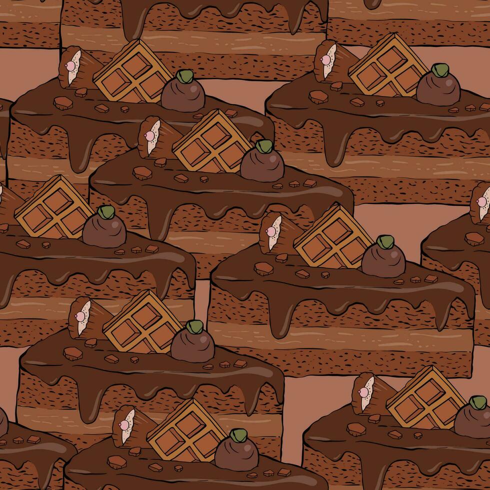 Pattern with pieces of chocolate cake with waffles and chocolates decoration vector