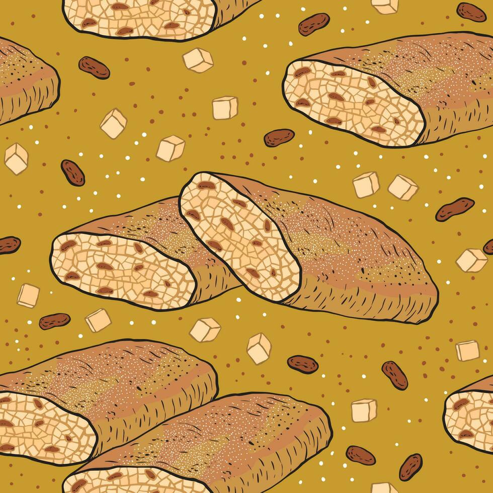 Pattern with Viennese apple strudel and raisins. Baking illustration vector