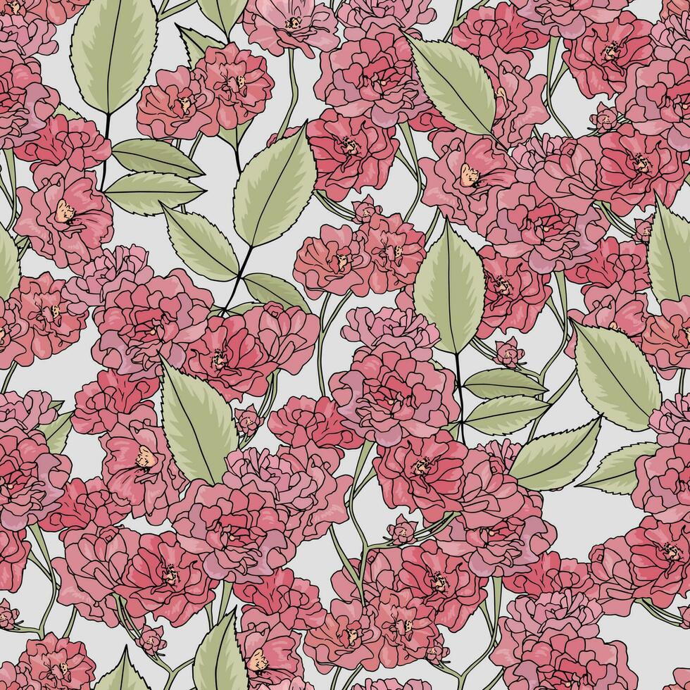 Seamless pattern with pink damask roses on light background vector