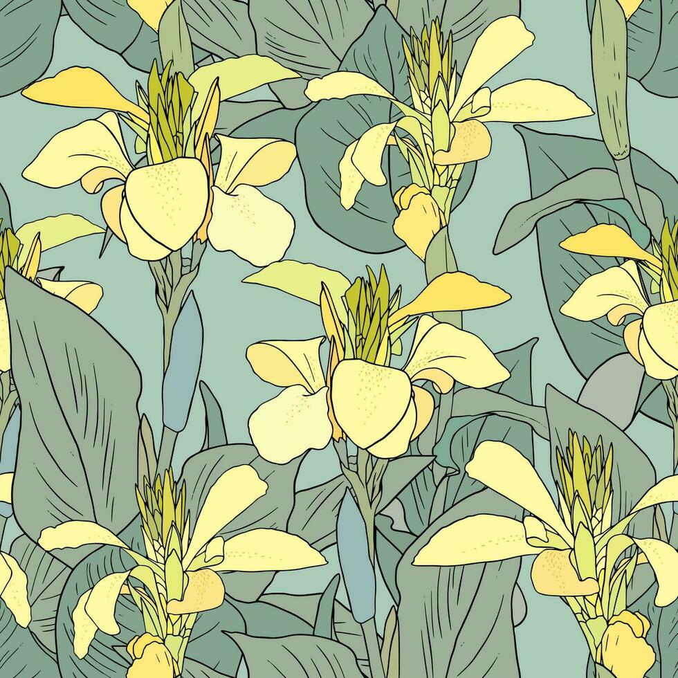 Seamless vintage pattern with yellow canna lily on mint blue background vector