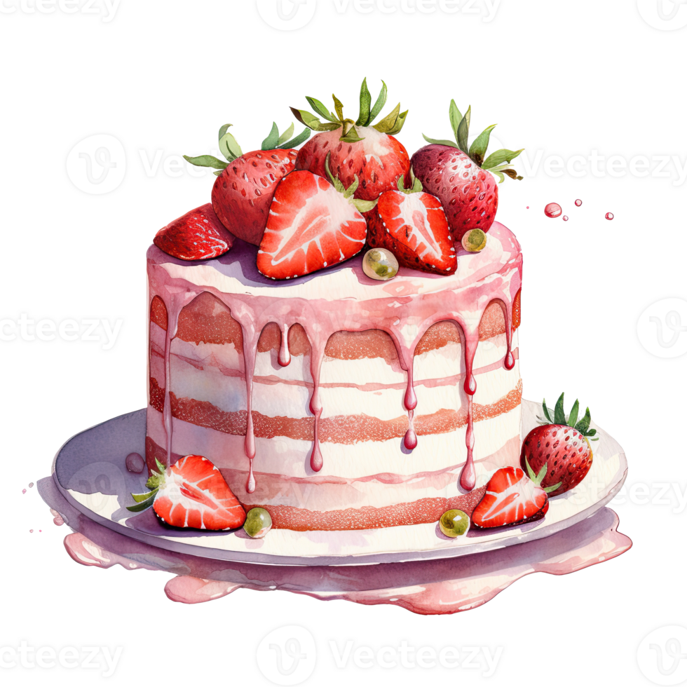 Watercolor strawberry cake. Illustration png