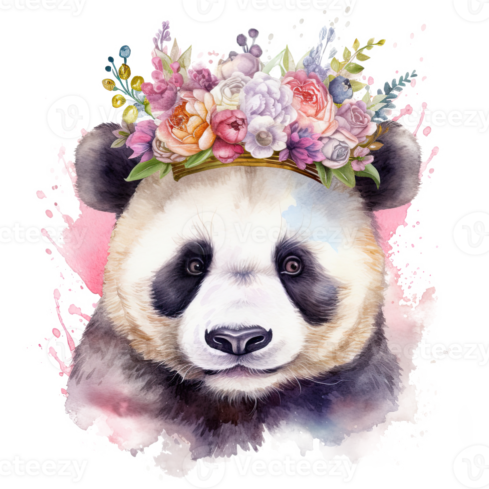 Watercolor panda with flower crown. Illustration png