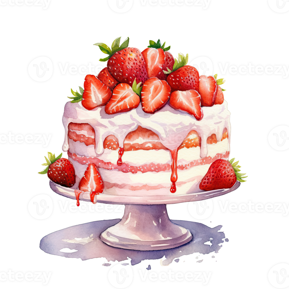 Watercolor strawberry cake. Illustration png
