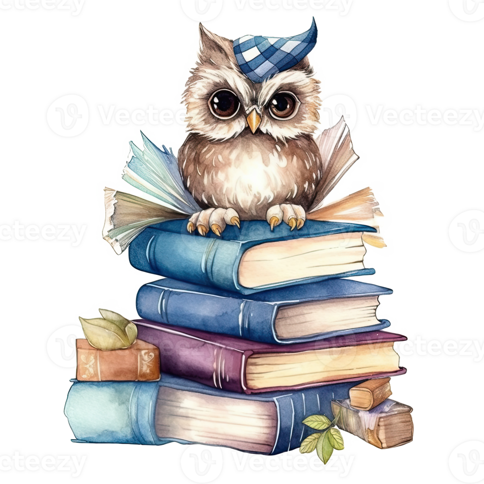 Watercolor books wuth owl. Illustration png