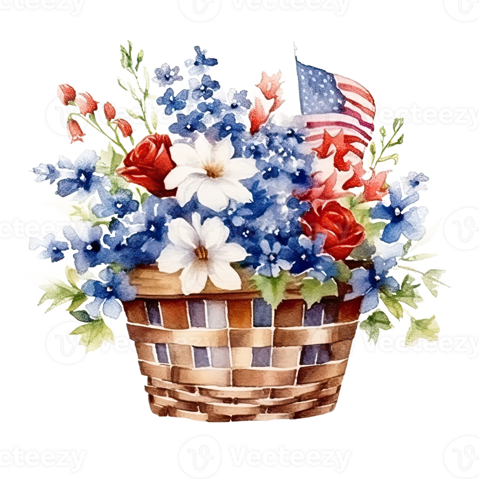 USA flag and flowers in basket. watercolor. Illustration png