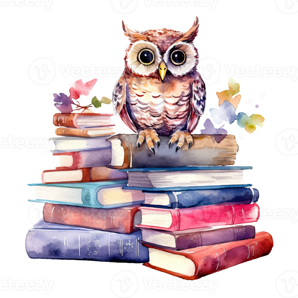 Watercolor books wuth owl. Illustration png