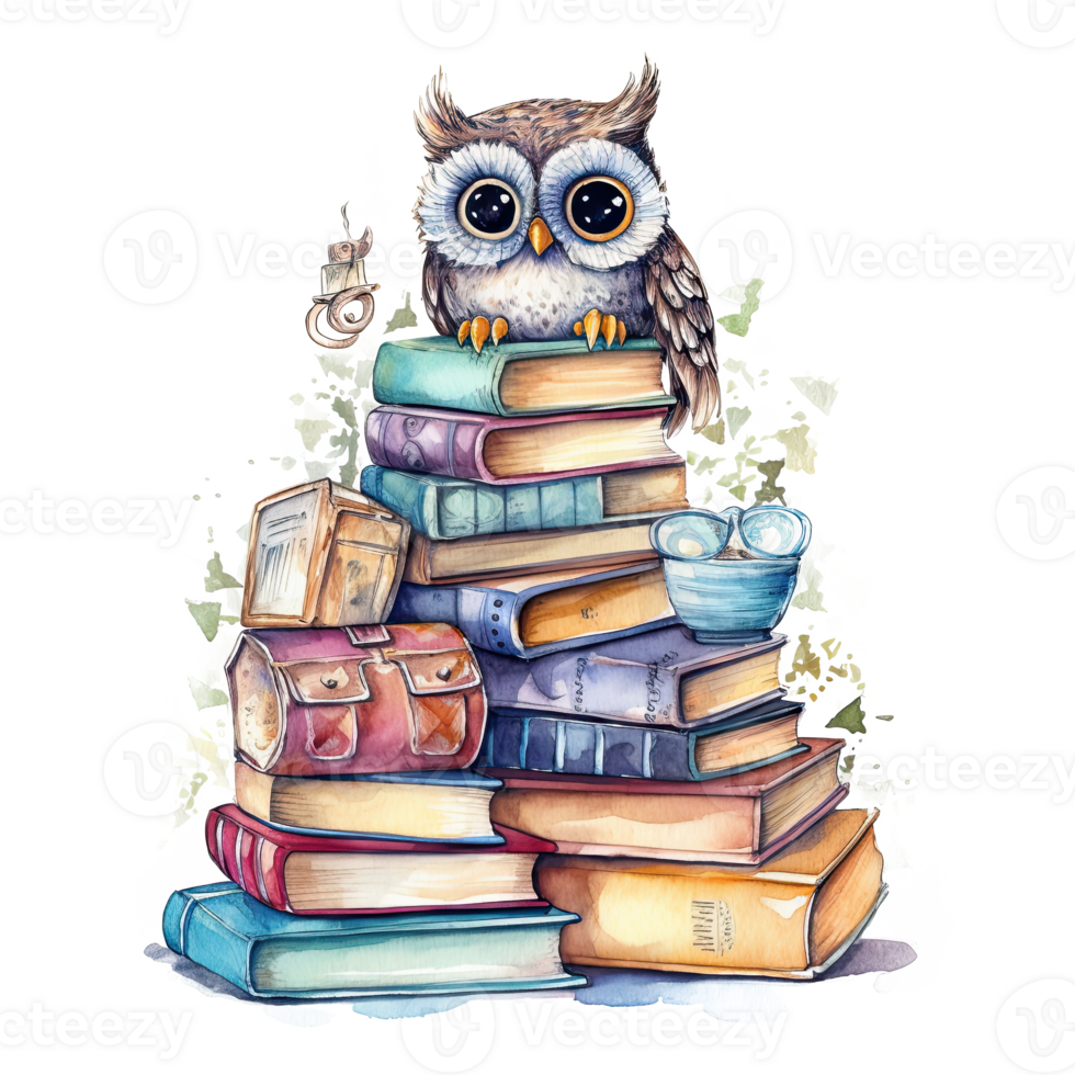 Watercolor books wuth owl. Illustration png