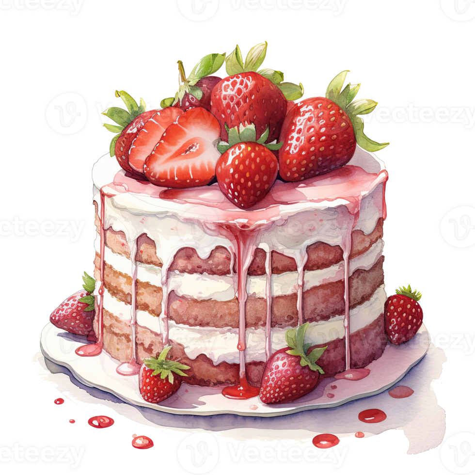 Watercolor strawberry cake. Illustration png