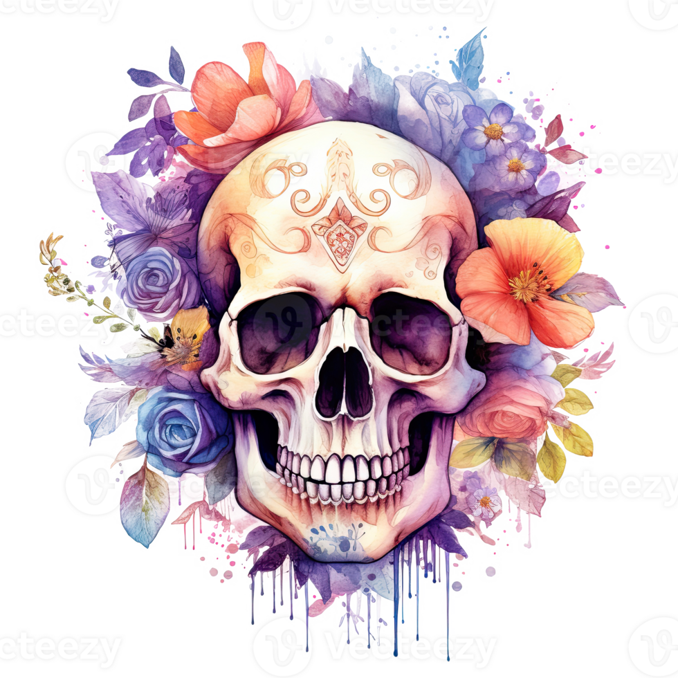 Watercolor skull with flowers. Illustration png