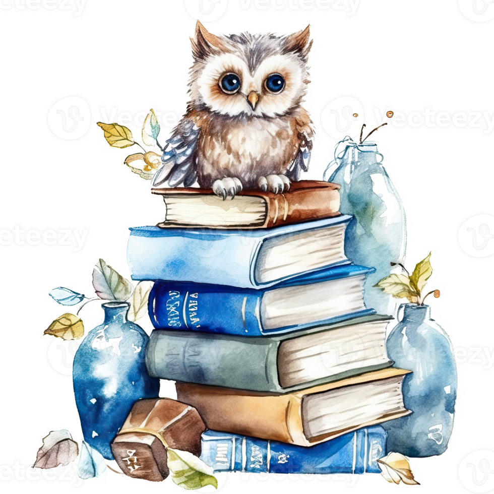 Watercolor books wuth owl. Illustration png