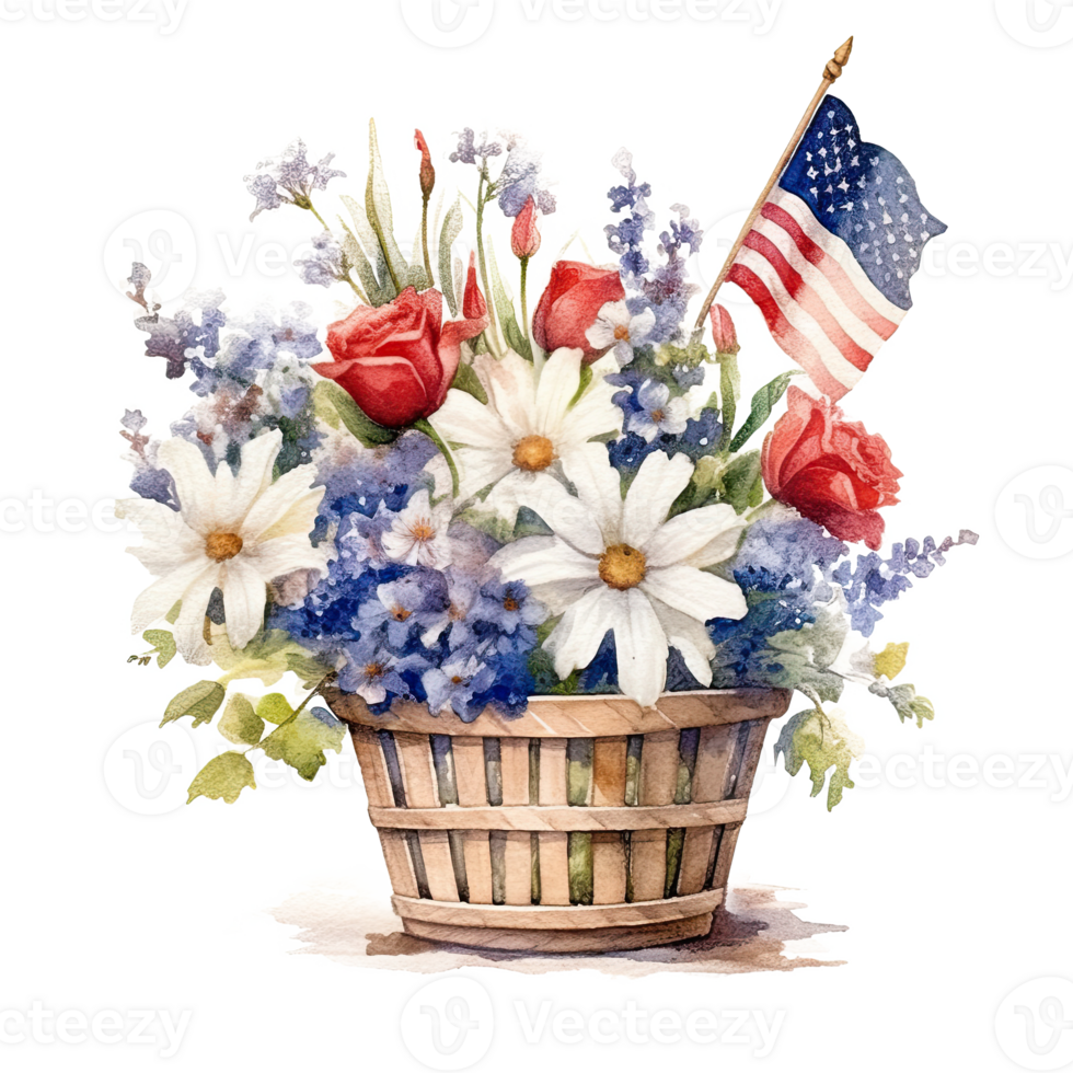 Etats-Unis drapeau et fleurs dans panier. aquarelle. illustration ai génératif png