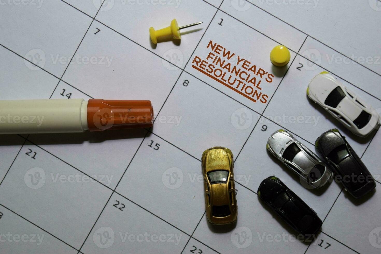 New Year's Financial Resolutions text on white calendar background. Reminder or schedule concept photo