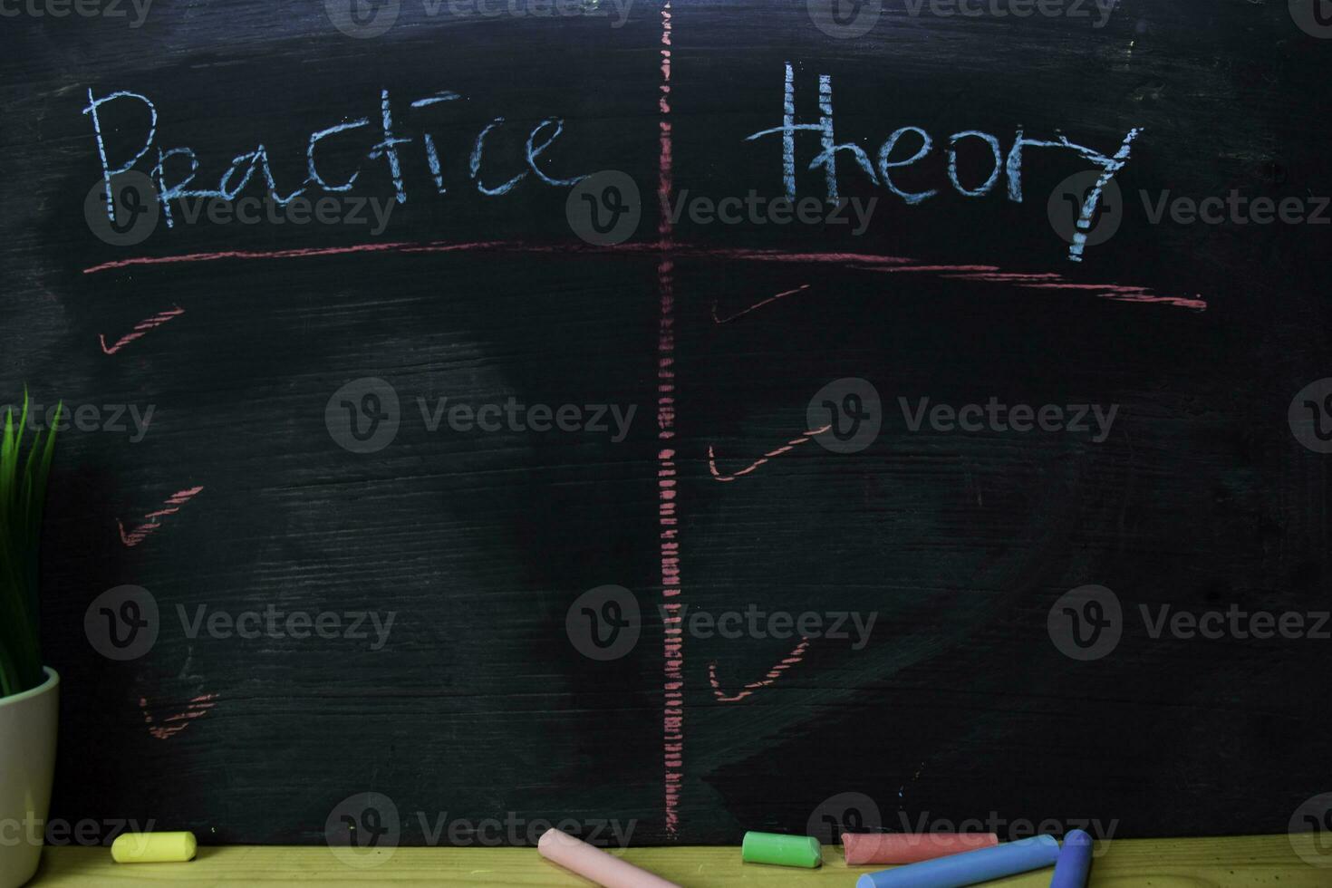 Practice or Theory written with color chalk concept on the blackboard photo