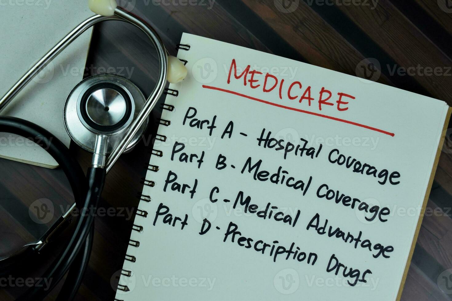 Medicare concept write on a book with keyword isolated on Wooden Table. photo