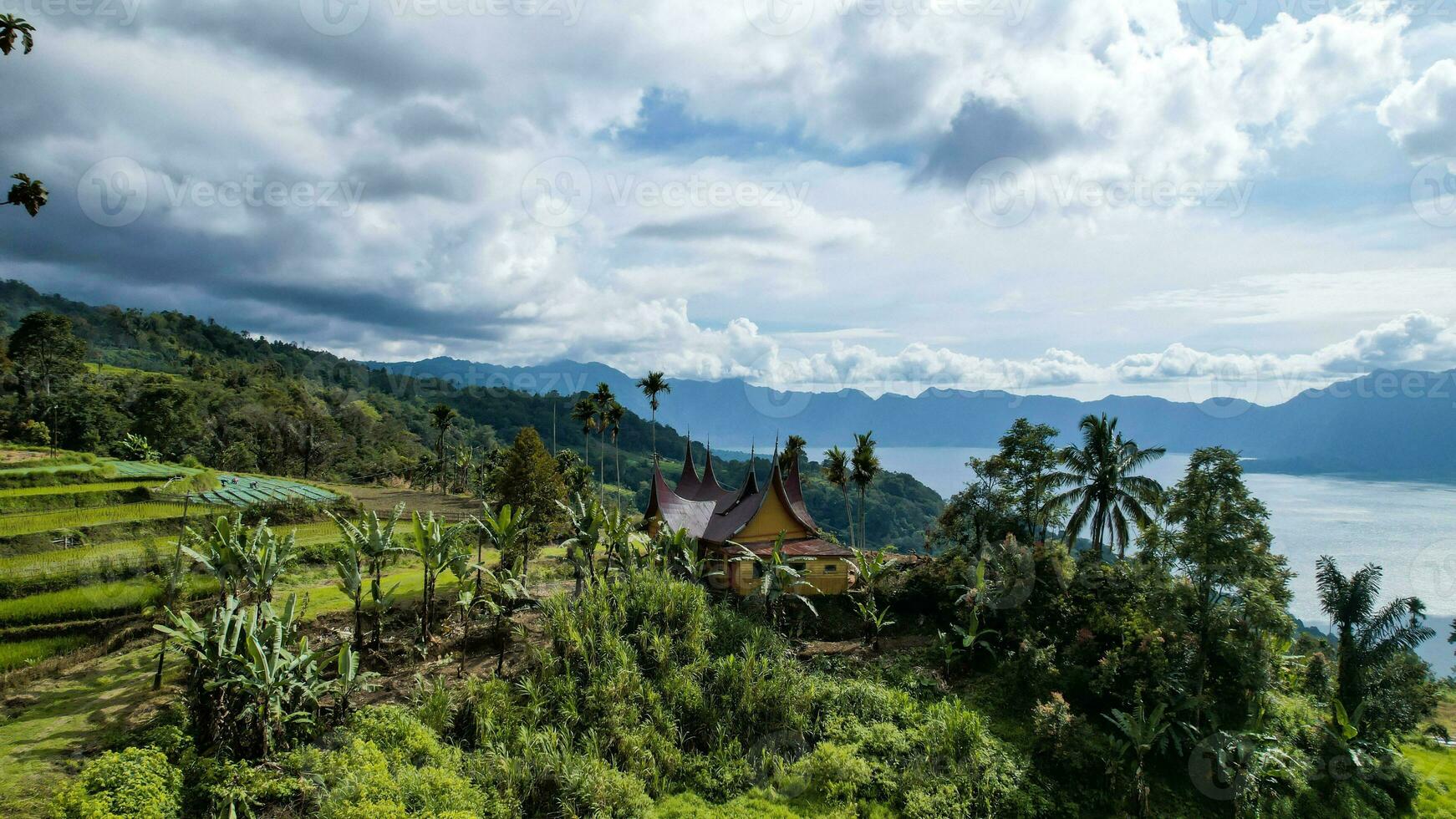 Aerial view of panorama of Maninjau Lake West Sumatra, Danau maninjau. sumatra, Indonesia, January 24, 2023 photo