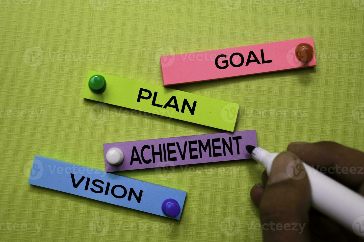 Goal, Plan, Achivement, Vision text on sticky notes isolated on green desk. Mechanism Strategy Concept photo