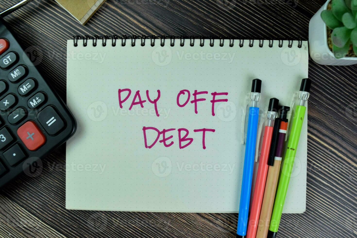 Concept of Pay Off Debt write on a book isolated on Wooden Table. photo