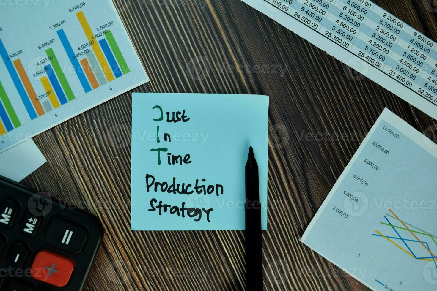Just in Time Production Strategy write on sticky note isolated on Wooden Table. Business concept photo