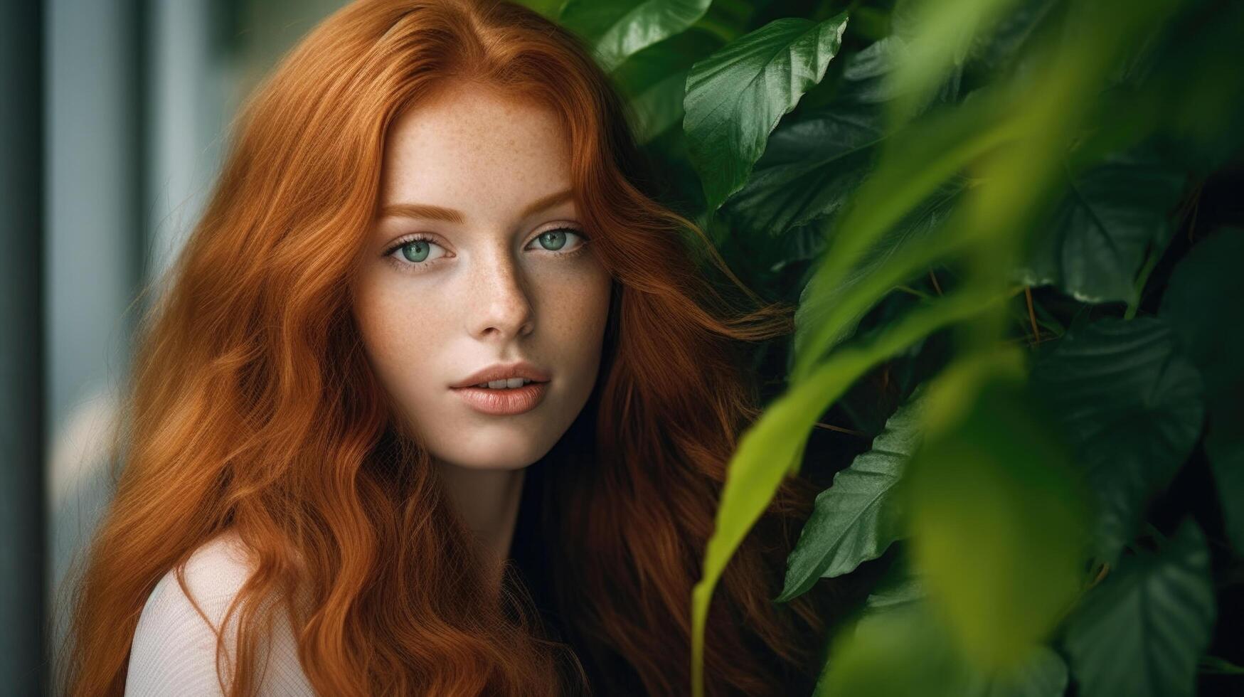 Beauty portrait of ginger woman with long hair. Illustration photo