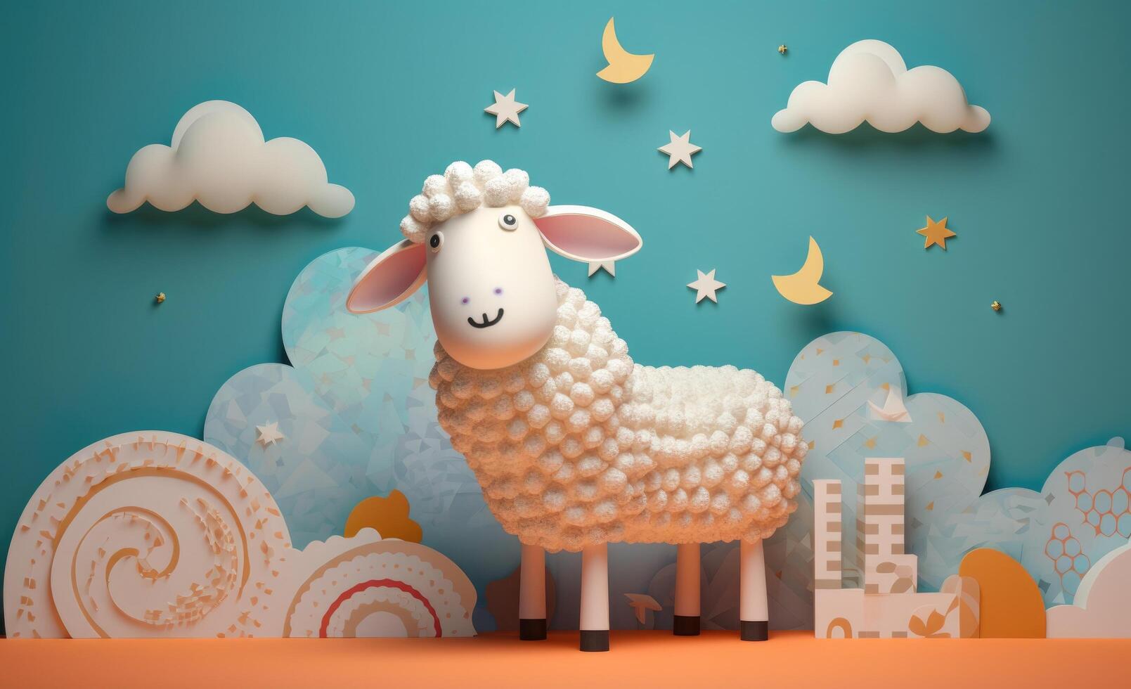 Sheep in mediterranean themed pattern with a moon and clouds in the background, Illustration photo