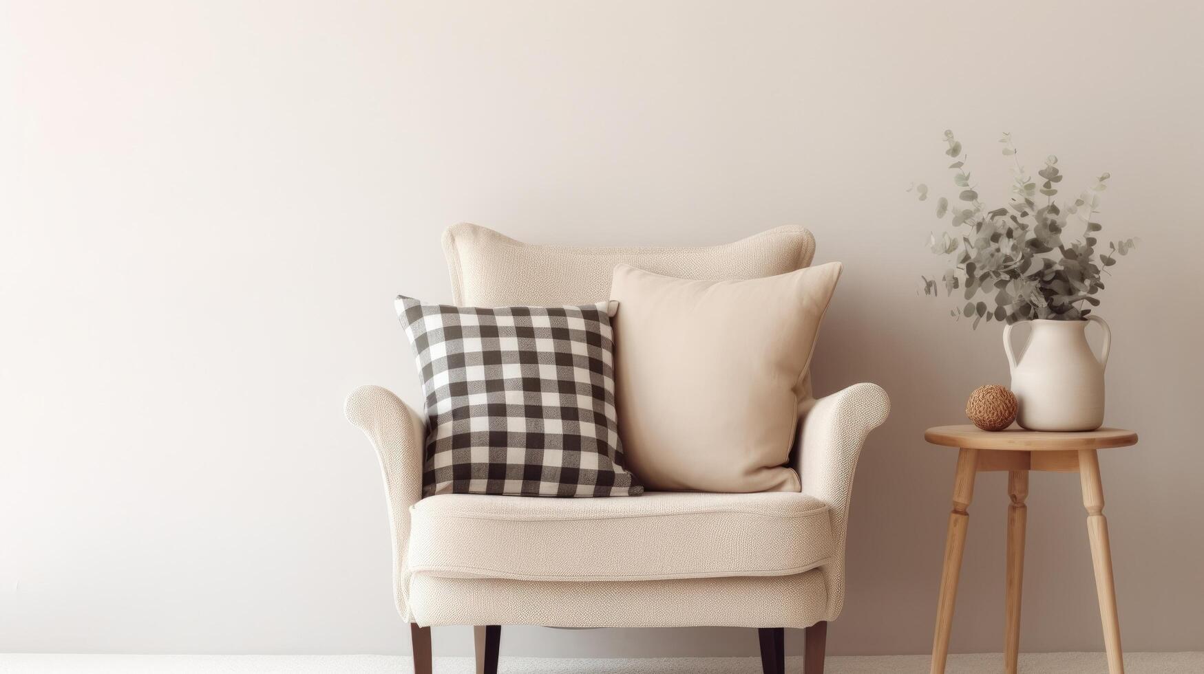 Living room mockup or setup with beige soft chair. Illustration photo