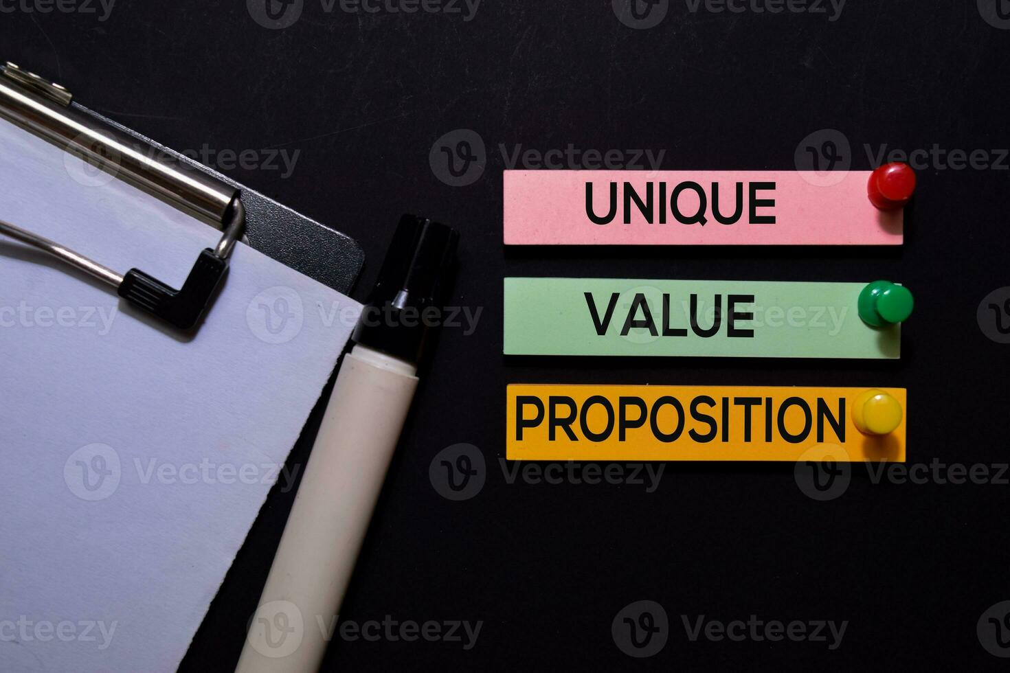 Unique Value Proposition - UVP text on sticky notes isolated on office desk photo
