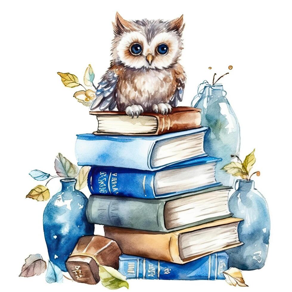 Watercolor books wuth owl. Illustration photo