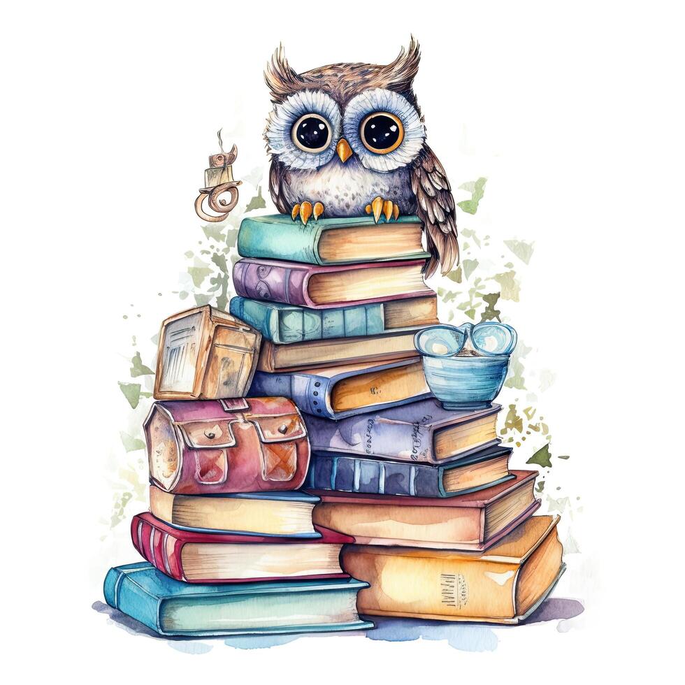 Watercolor books wuth owl. Illustration photo