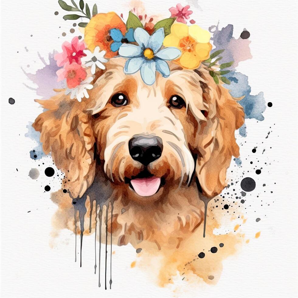 Cute watercolor goldendoodle dog. Illustration photo