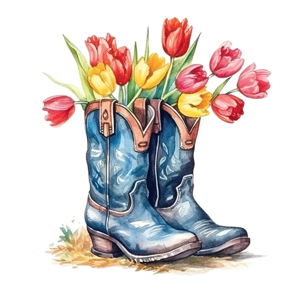 Watercolor cowboy boots with flowers. Illustration photo