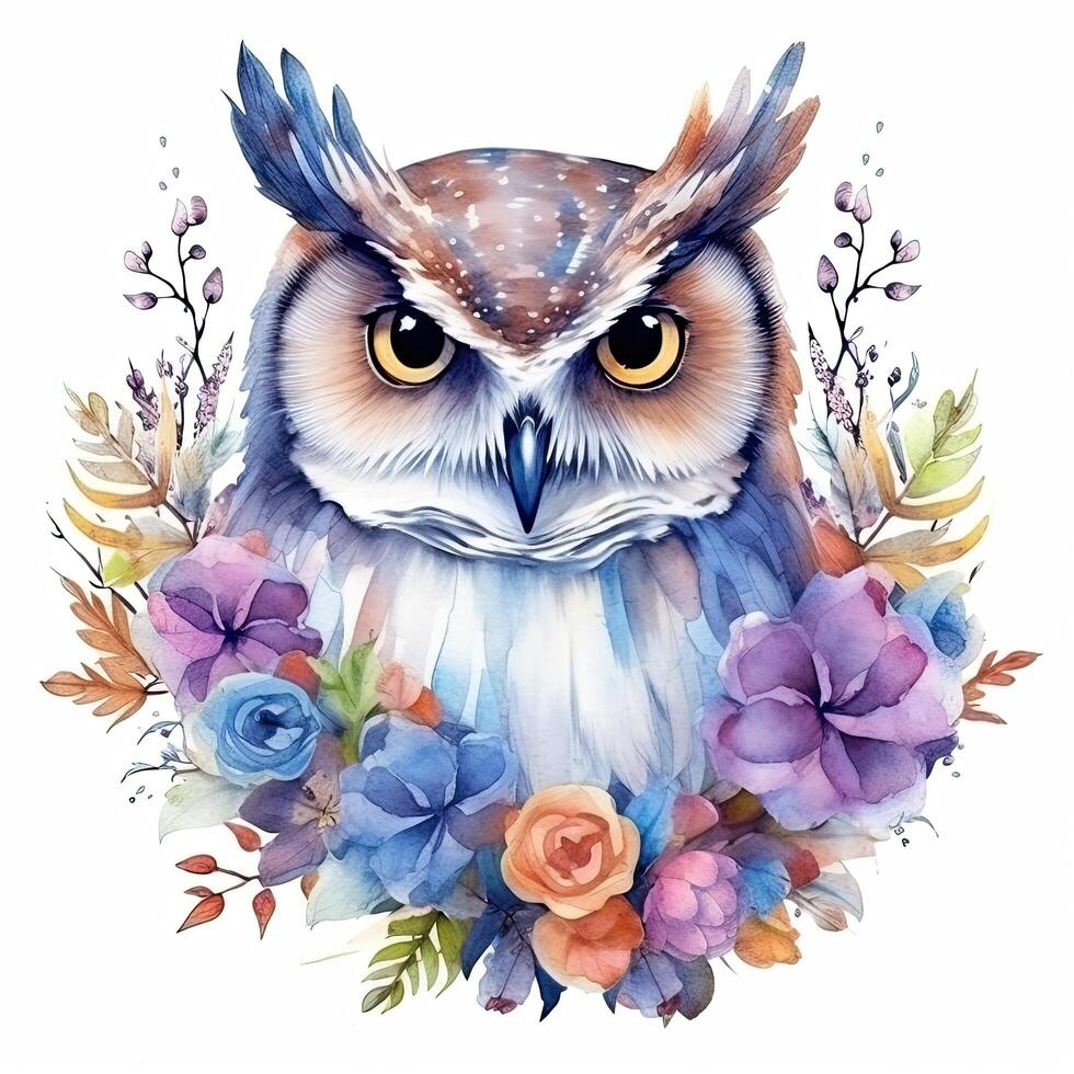 Cute watercolor owl. Illustration photo