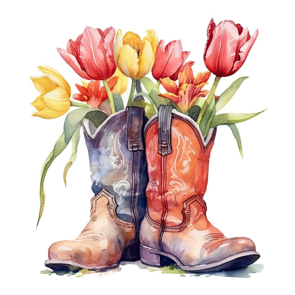 Watercolor cowboy boots with flowers. Illustration photo