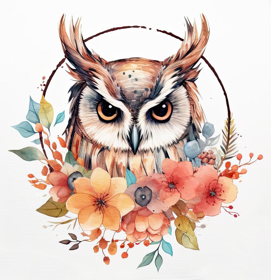 Cute watercolor owl. Illustration photo