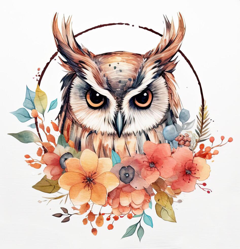 Cute watercolor owl. Illustration photo