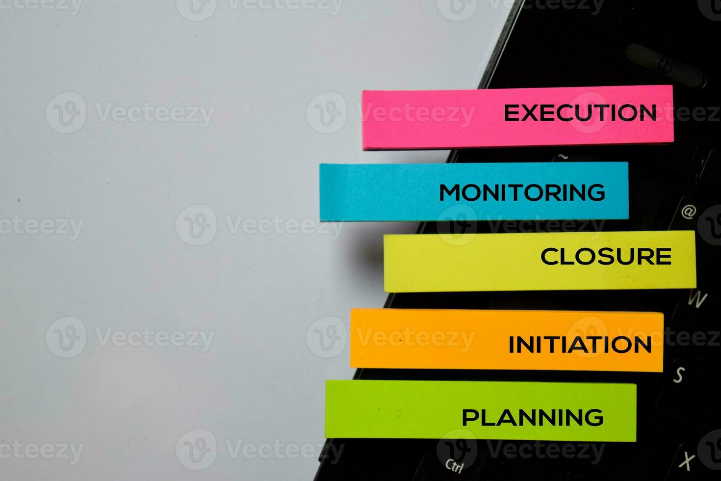 Execution, Monitoring, Closure, Initiation, Planning write on sticky notes with keyboard laptop isolated on white board background photo