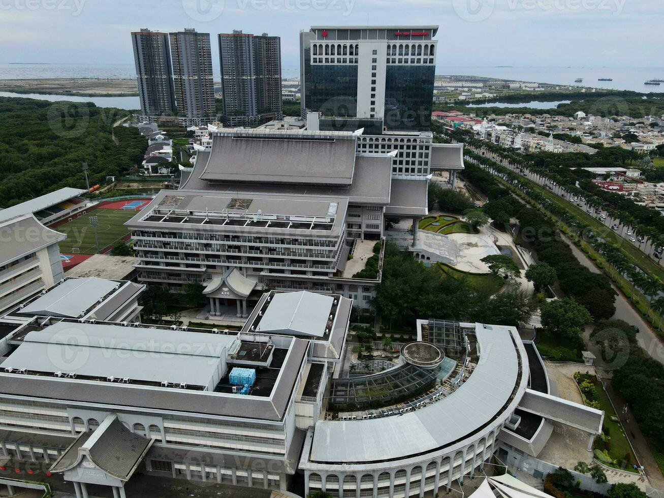 Aerial view of Buddhist architecture building in Jakarta, This building is one of the main tourist attractions in North Jakarta. JAKARTA, INDONESIA - JANUARY, 8, 2021 photo