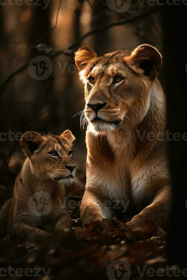 the mother lion with daughter. Generate Ai photo