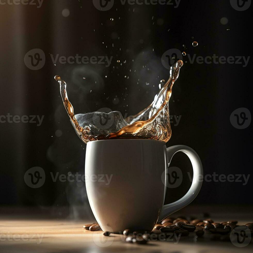 a blank white mug of coffee or tea on the wooden desk under the sunrise and in front of the mountain scenery. Generate Ai photo