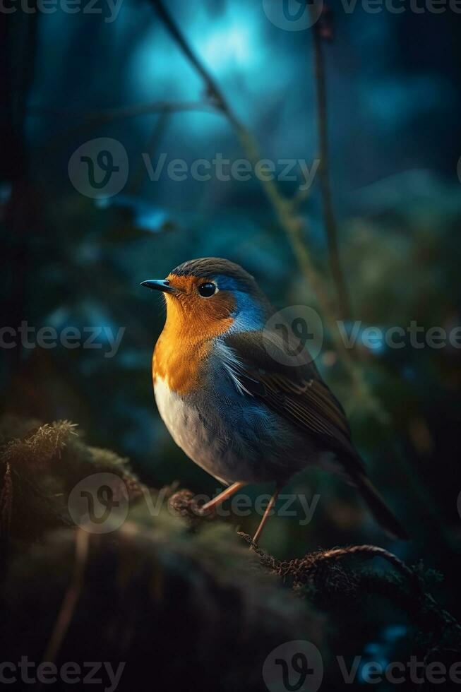 The single beautiful green orange Robin bird inside the forest waiting for something. Generate Ai photo