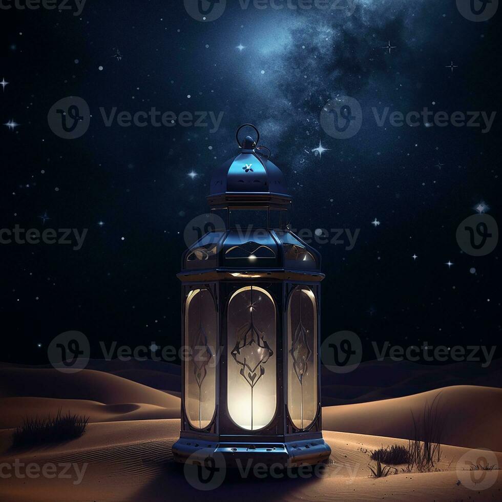 Islamic beautiful lantern on the brown sands at the ramadan night. Generate Ai photo
