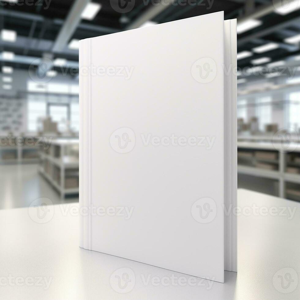 The white blank book mockup on the wooden table inside the library. Generate Ai photo