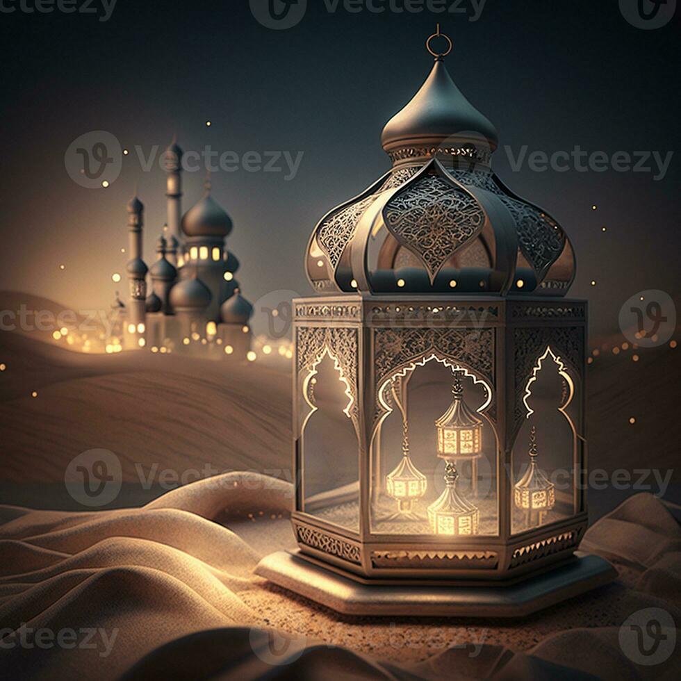 Islamic beautiful lantern with the mosque background. Generate Ai photo