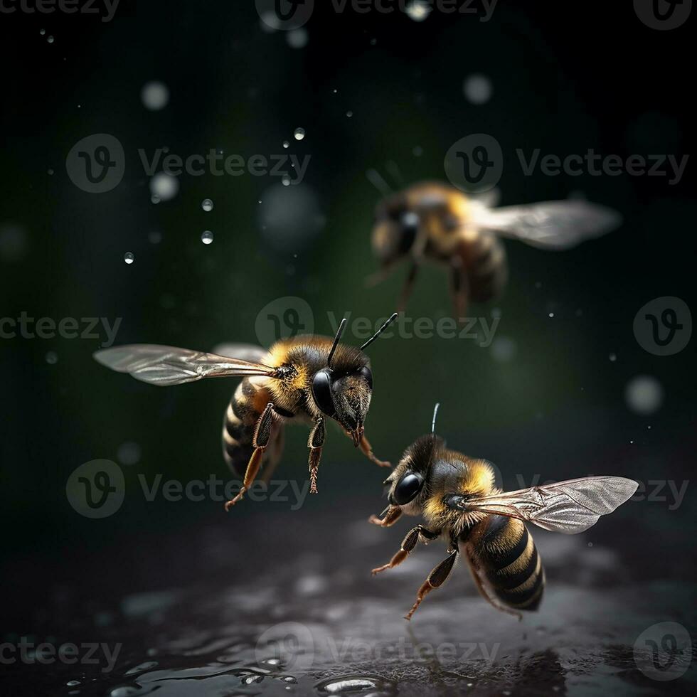 Tres abejas volador debajo el lluvias en el río. generar ai foto