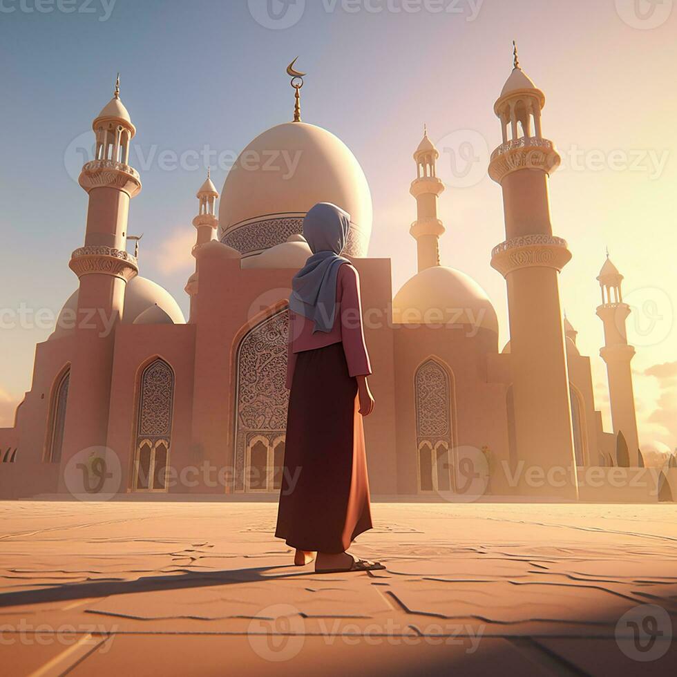 un musulmán mujer vistiendo hijab en pie en frente de el hermosa mezquita. generar ai foto